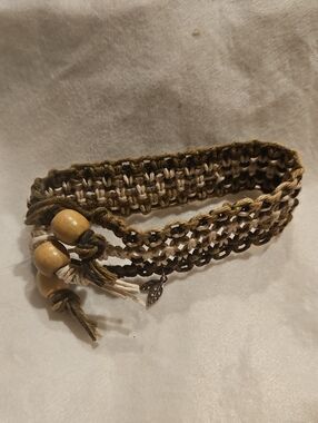 Handcrafted Olive and Cream Woven Bracelet with Wooden Beads